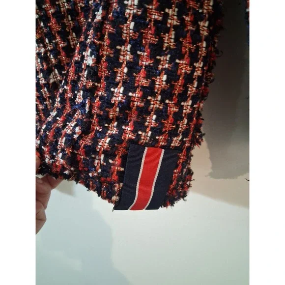 Zara Woman Tweed Blazer Jacket Navy Red White Pearl Button XS Metallic Plaid - Picture 6 of 10